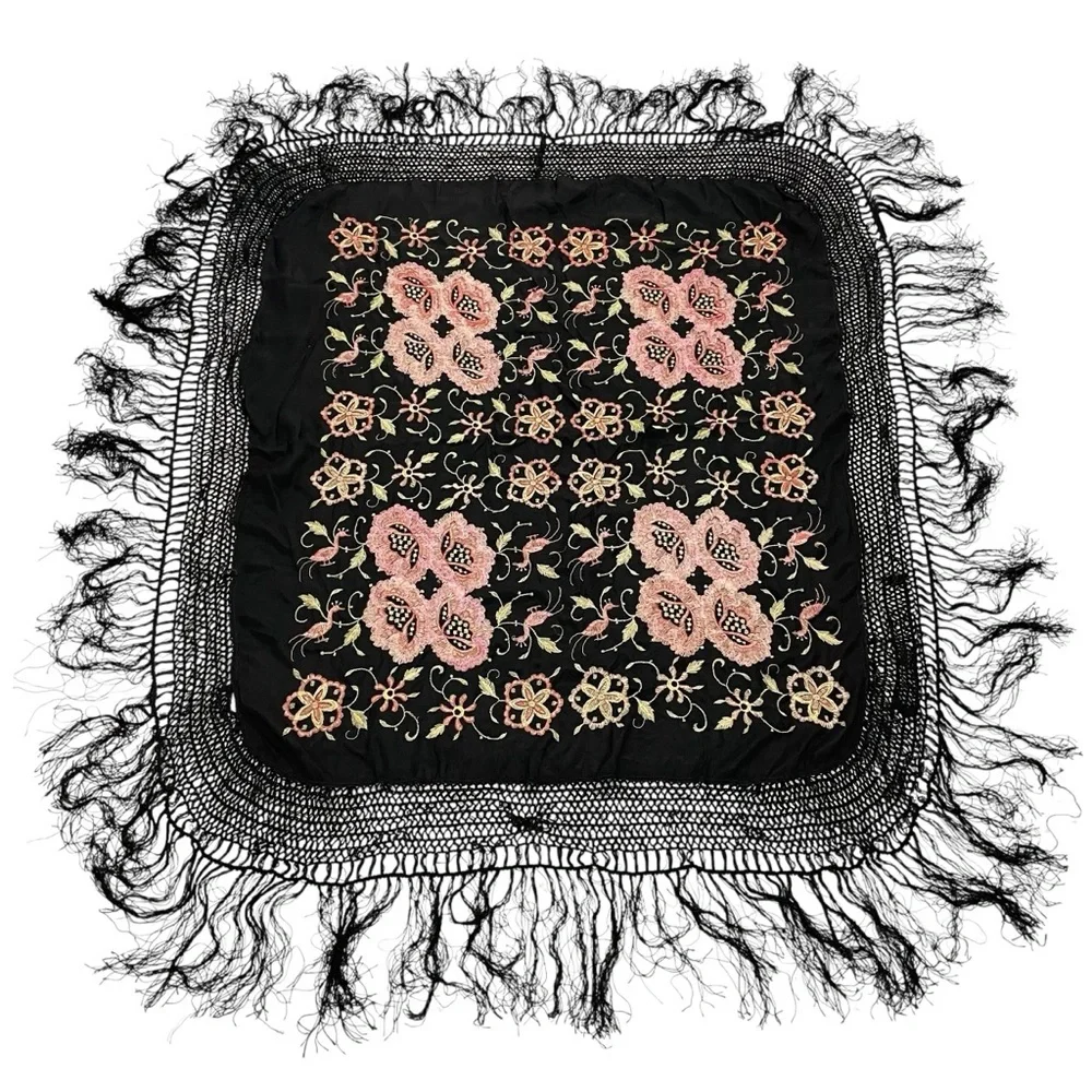 Large Floral Bird Embroidered Shawl Wrap With Tassles Black Pink Multicolored